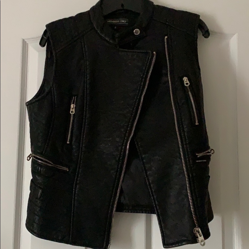 Black faux leather sleeveless jacket
